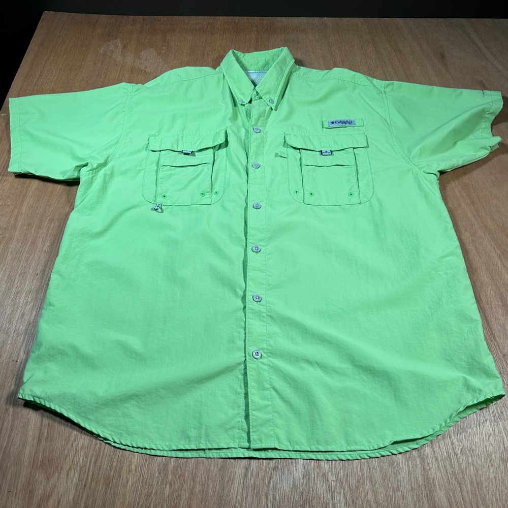 Columbia PFG Fishing Shirt Mens Large Green Bahama II Short Sleeve Nylon Vent